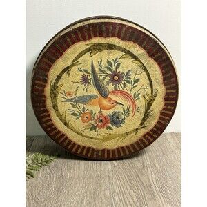 Vintage Round Cookie Tin Bird Floral Red/Gold Stripes 10” Rusted And Rustic